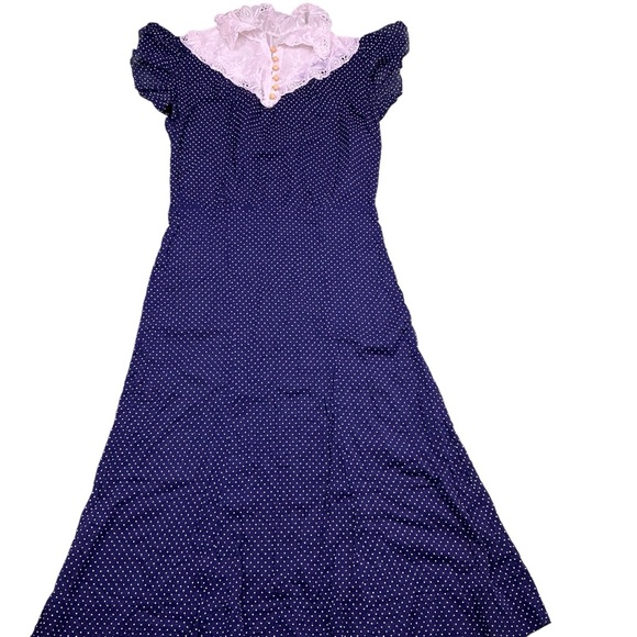 Vintage 1940s polkadot lace trim navy and white gorgeous dress women’s S/XS - Picture 1 of 9